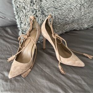 Joie Angelynn Tan Suede Ankle-Wrap Tassel Pumps Sz. 38